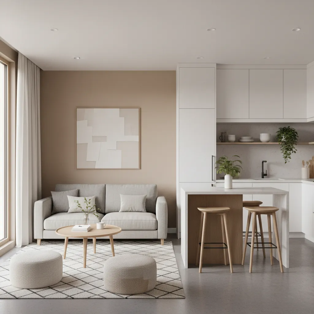 Small living room with grey sofa round coffee table two white footrests and white kitchen counter