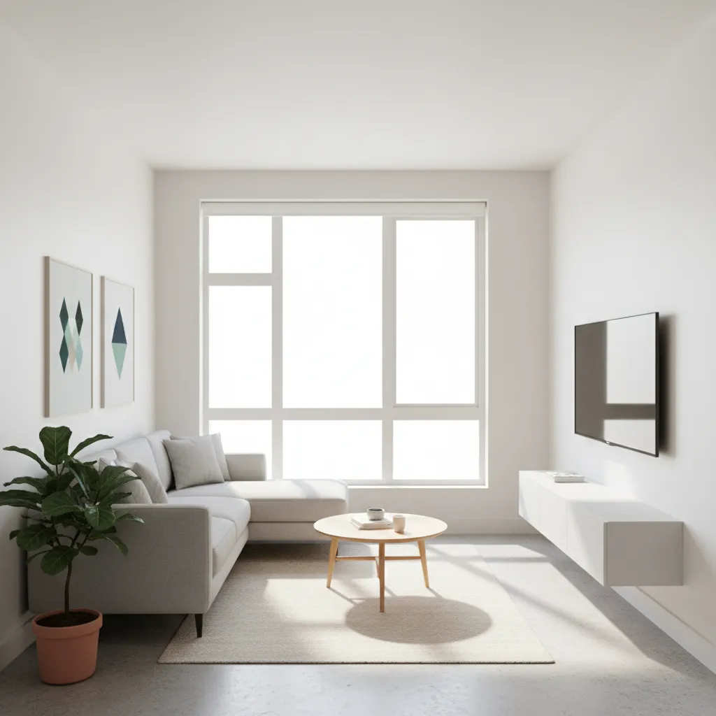 Modern minimalist living room with grey sofa wooden coffee table large window and white cabinet