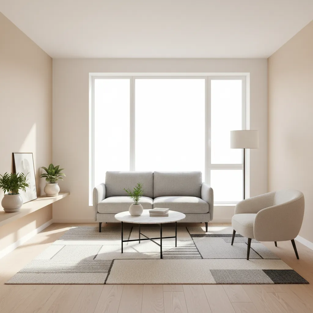 Ruang keluarga rumah kecil dengan jendela besar