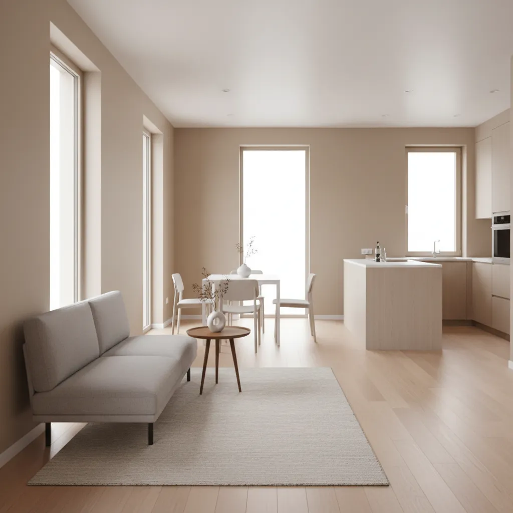 Modern minimalist living room with grey sofa wooden floor kitchen island and bright natural light