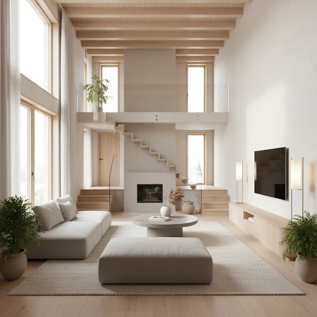 Modern living room with grey sofa, footrest, wooden ceiling, stairs, fireplace, and large wall television