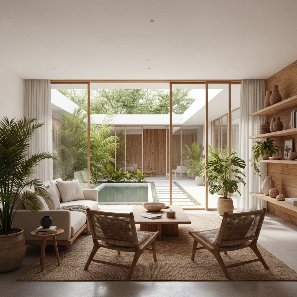 Modern living room with beige sofa wooden chairs rug and view to a courtyard pool