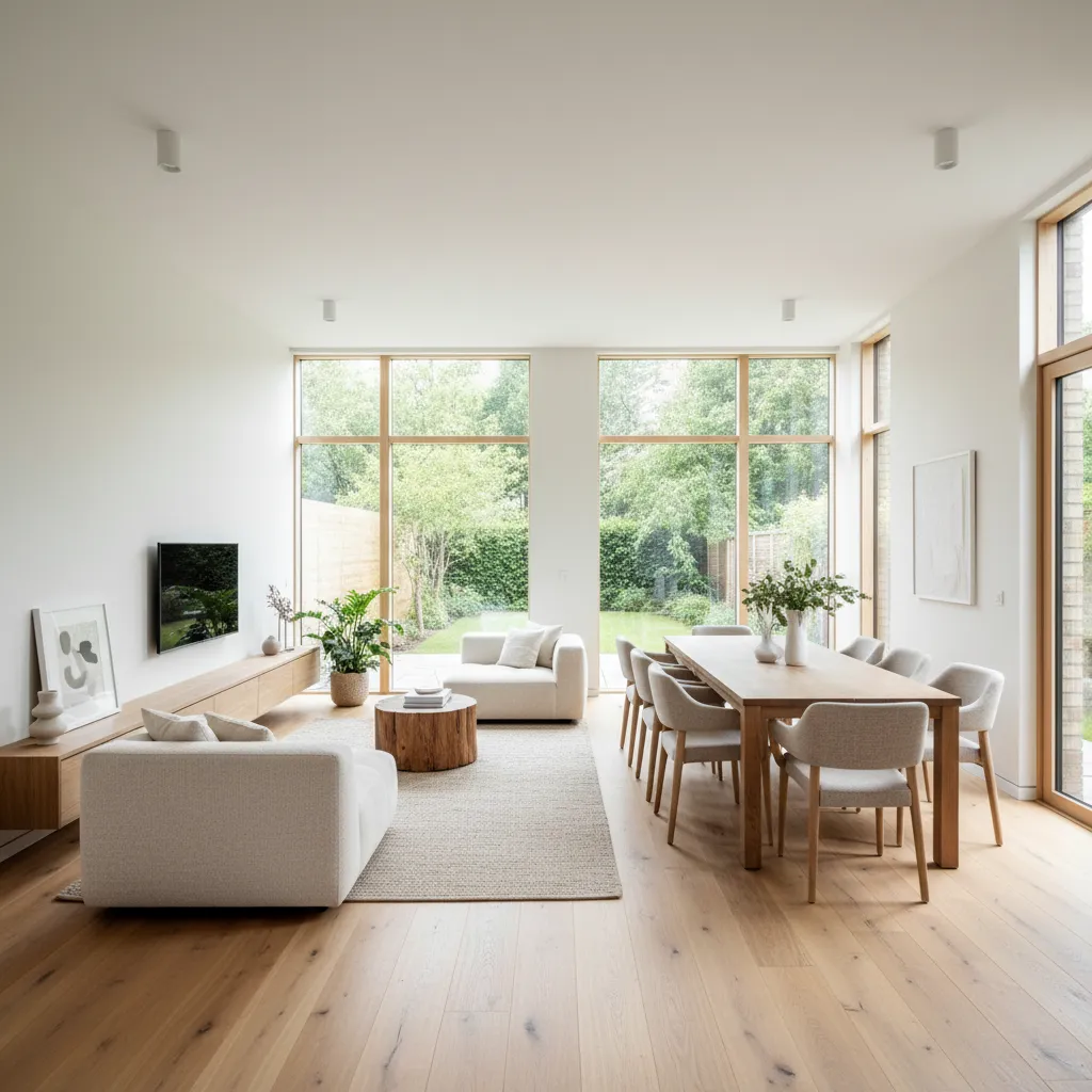 Ruang keluarga pada rumah memanjang dengan konsep terbuka