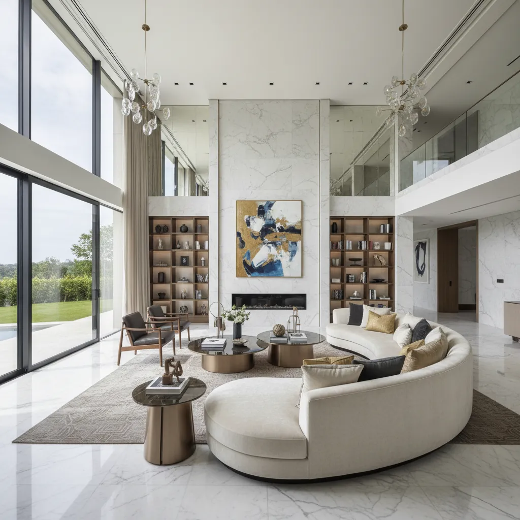 Modern luxury living room featuring curved sofa marble walls fireplace bookshelves large windows and lights