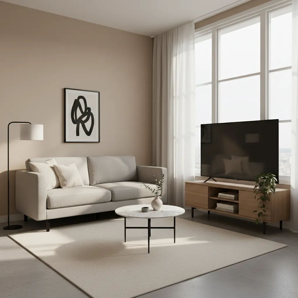 Minimalist living room with beige sofa, round coffee table, television on wooden cabinet, and lamp