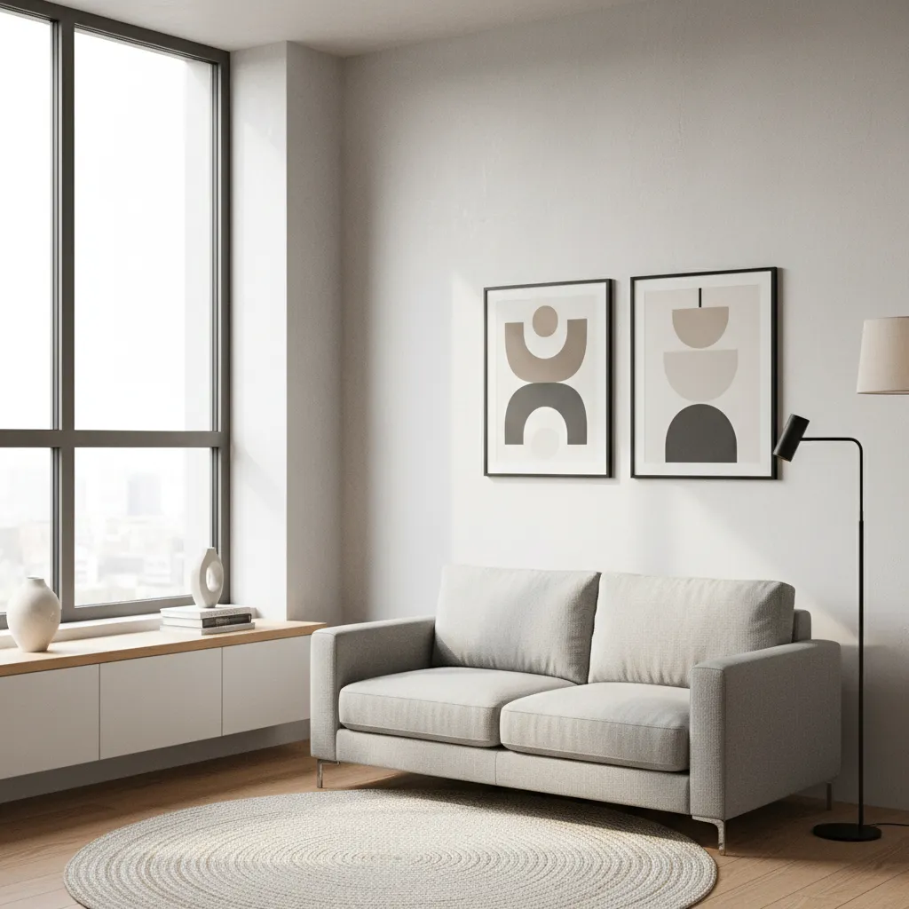 Ruang keluarga rumah kecil dengan sofa minimalis dan jendela besar