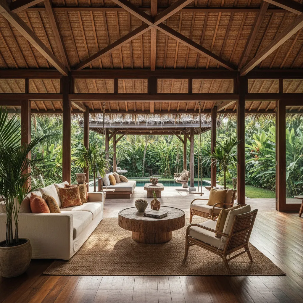 Ruang keluarga terbuka dengan material kayu dan pencahayaan alami