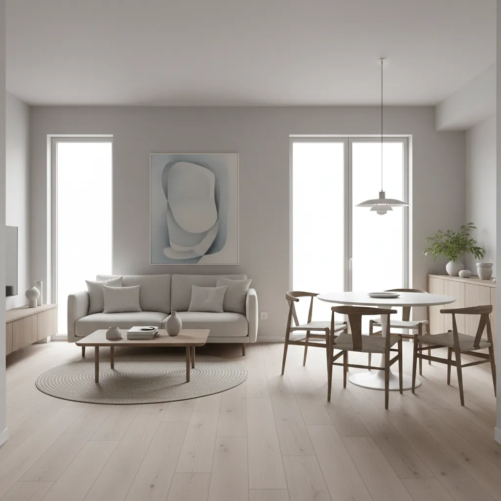 Modern interior design drawing with cream sofa wooden coffee table round dining table and windows