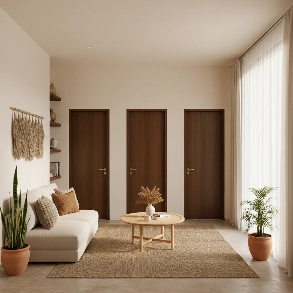 Warm living room featuring white sofa round coffee table and three dark brown wood doors