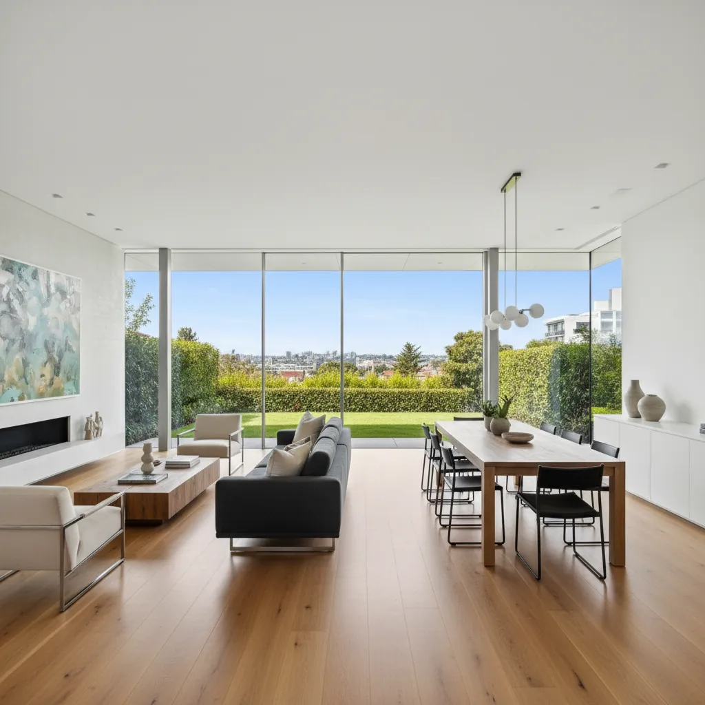 Bright open living room with grey sofa wood table white chairs and a large garden