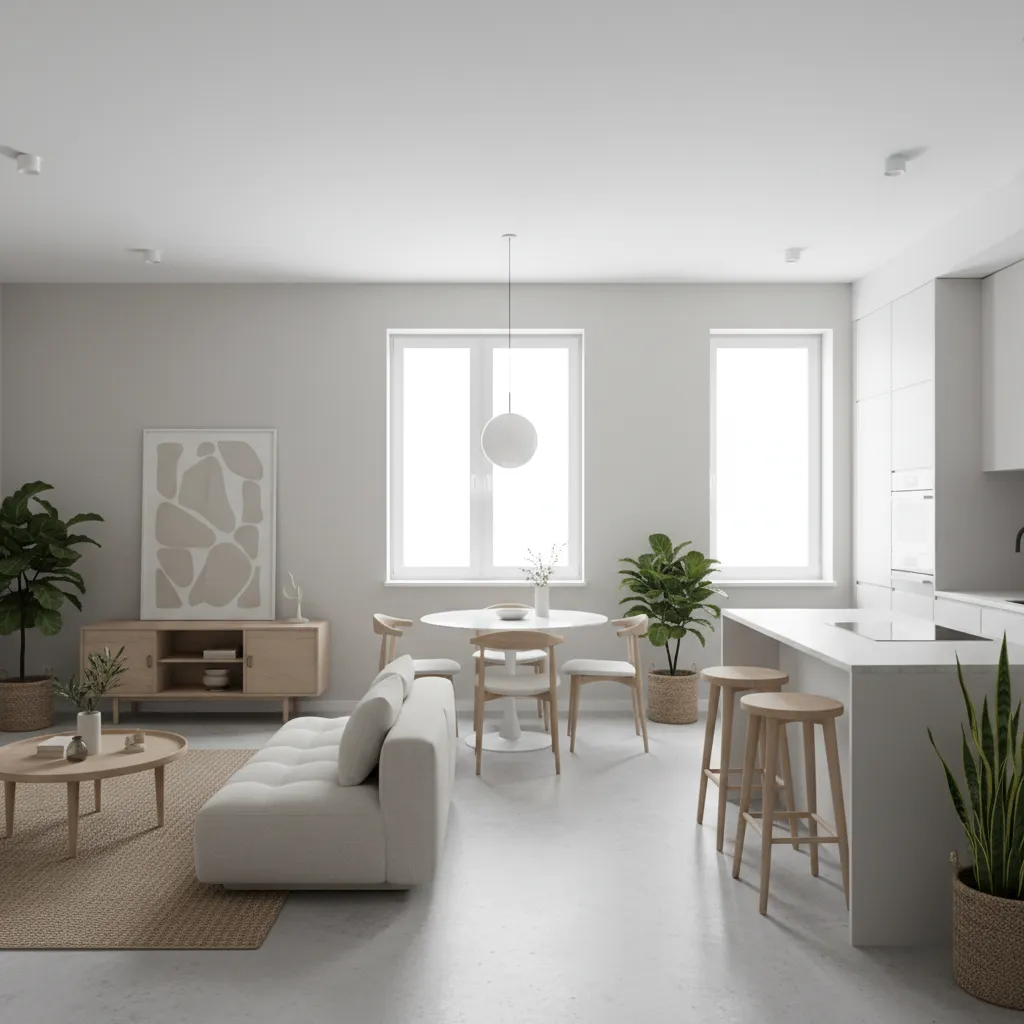 Modern open plan living room with white sofa wooden dining table stools and green plants