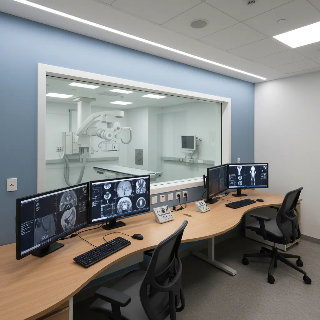 Ruang kontrol radiologi dengan kaca timbal
