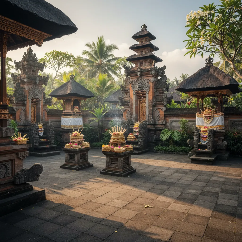 Stone courtyard featuring several traditional shrines with flower offerings, palm trees, and soft morning sunlight