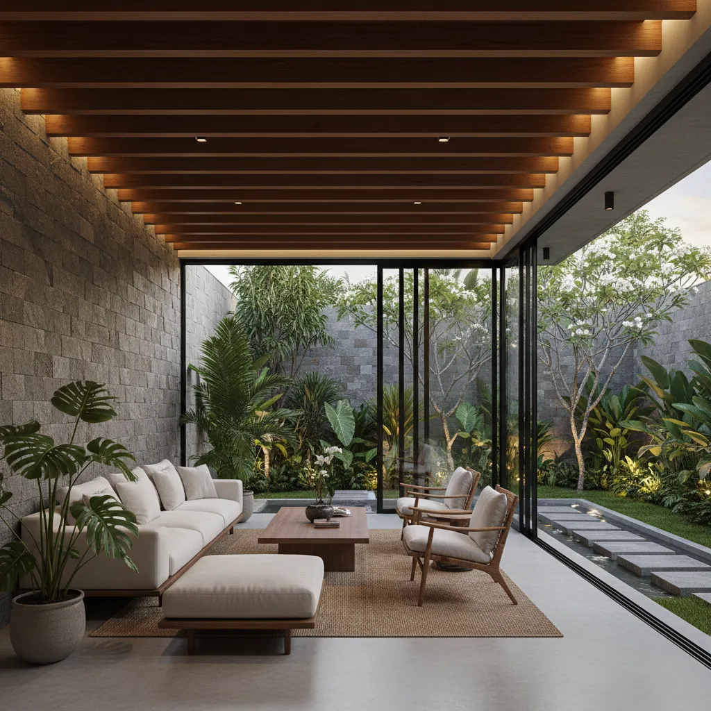 Ruang tamu terbuka dengan taman tropis gaya Bali modern