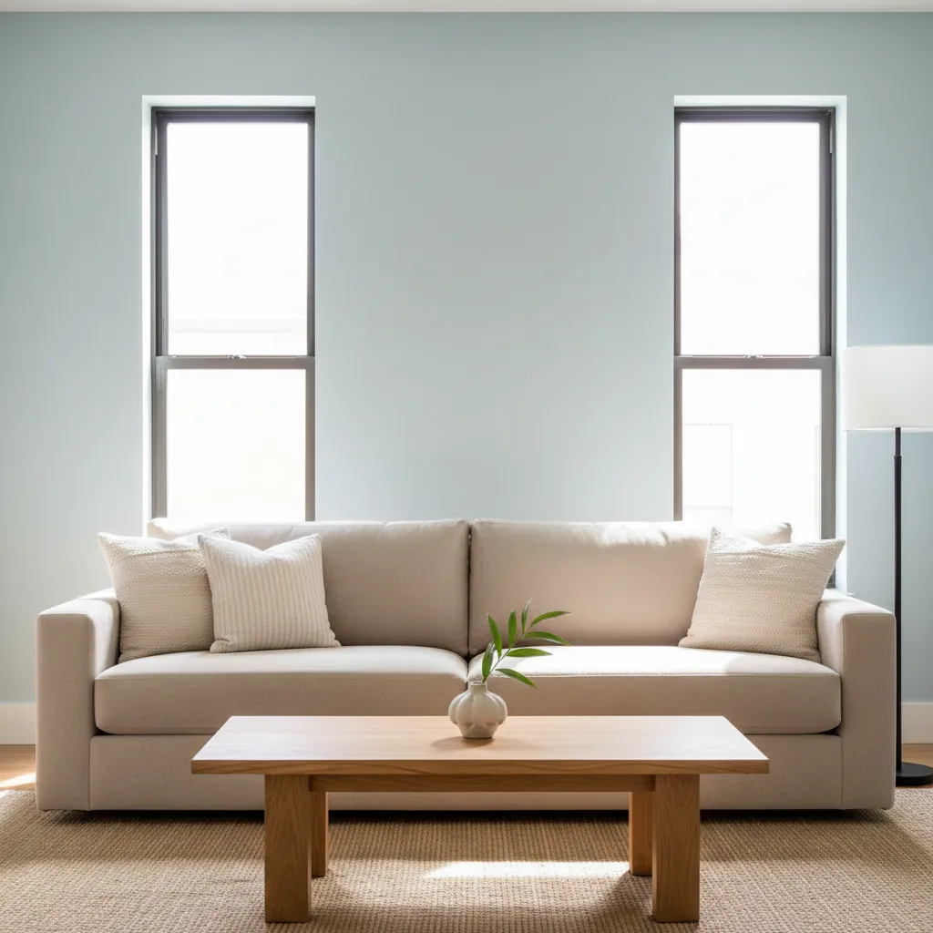 Ruang tamu dengan dinding biru muda dan sofa krem