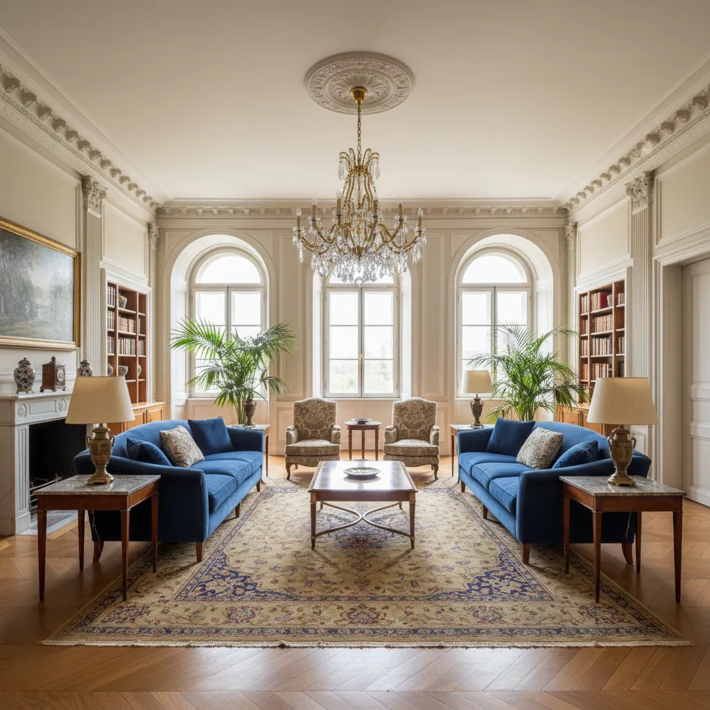 Elegant living room with blue sofas, crystal ceiling light, large rug, and classic fireplace design