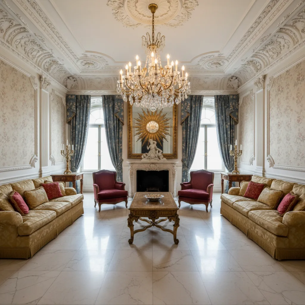 Luxury living room with gold sofas red chairs fireplace blue curtains and crystal ceiling light