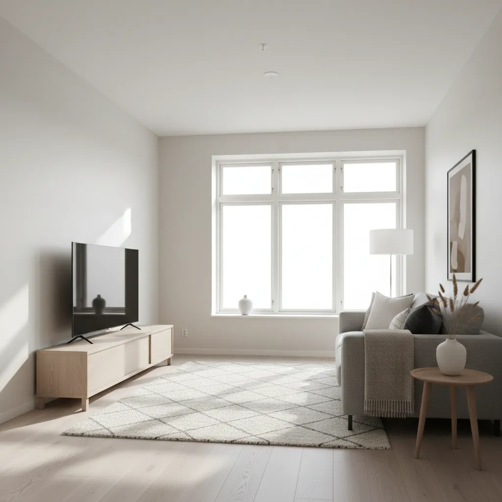 Ruang tamu minimalis dengan jendela besar dan furnitur sederhana