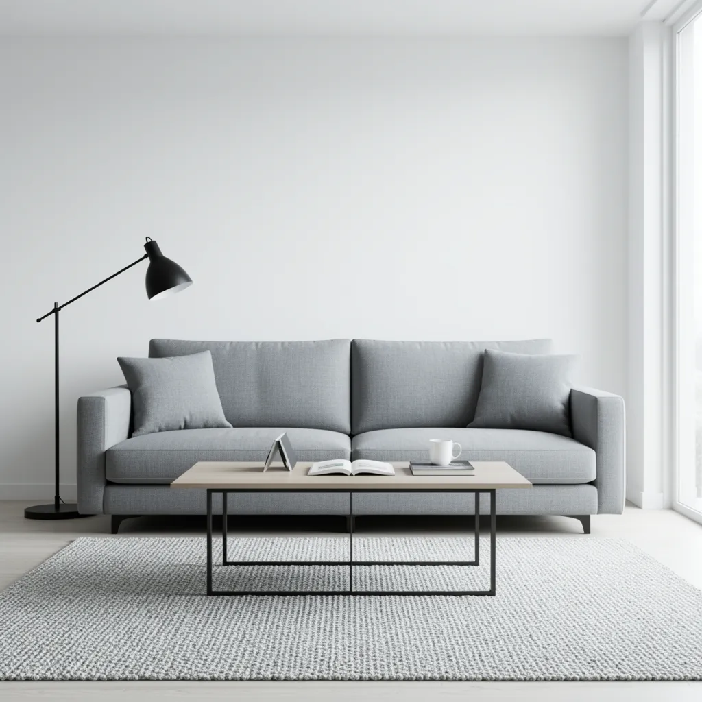 Ruang tamu minimalis monokrom dengan sofa abu dan dekorasi hitam
