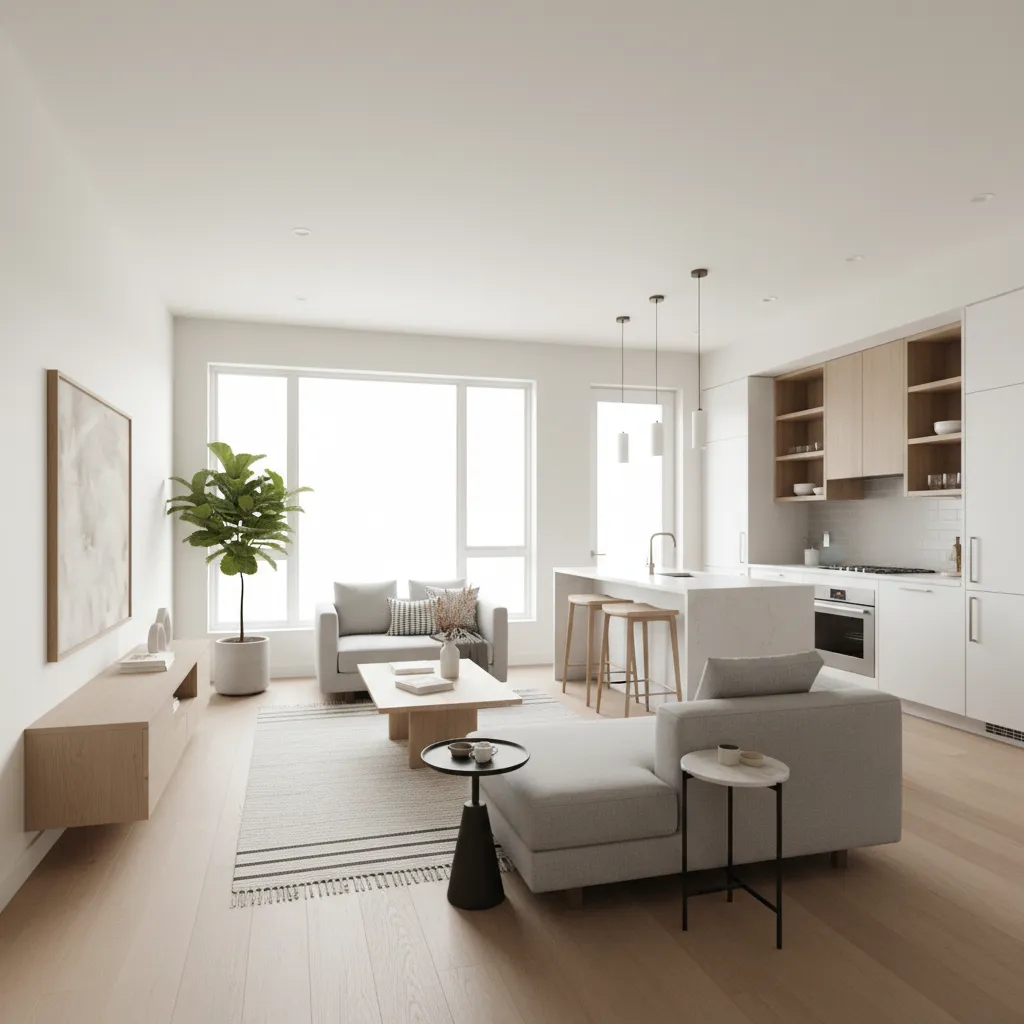 Modern open living room with grey sofa wood floor white kitchen island and bright window
