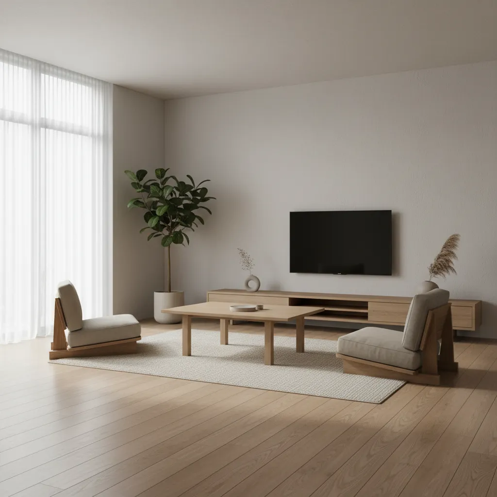 Interior ruang tamu rumah Jepang minimalis dengan furnitur rendah