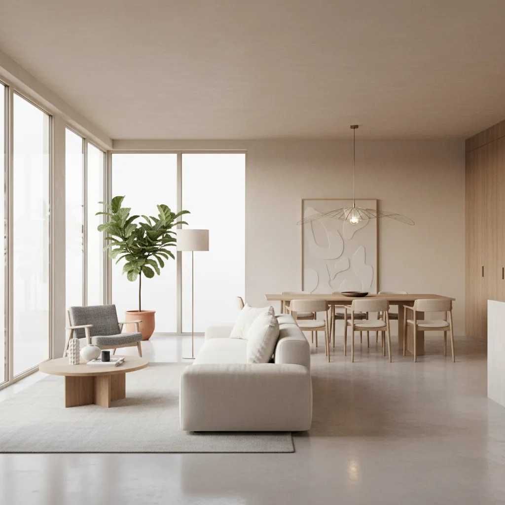 Modern living room with white sofa wooden dining table large green plant and ceiling light