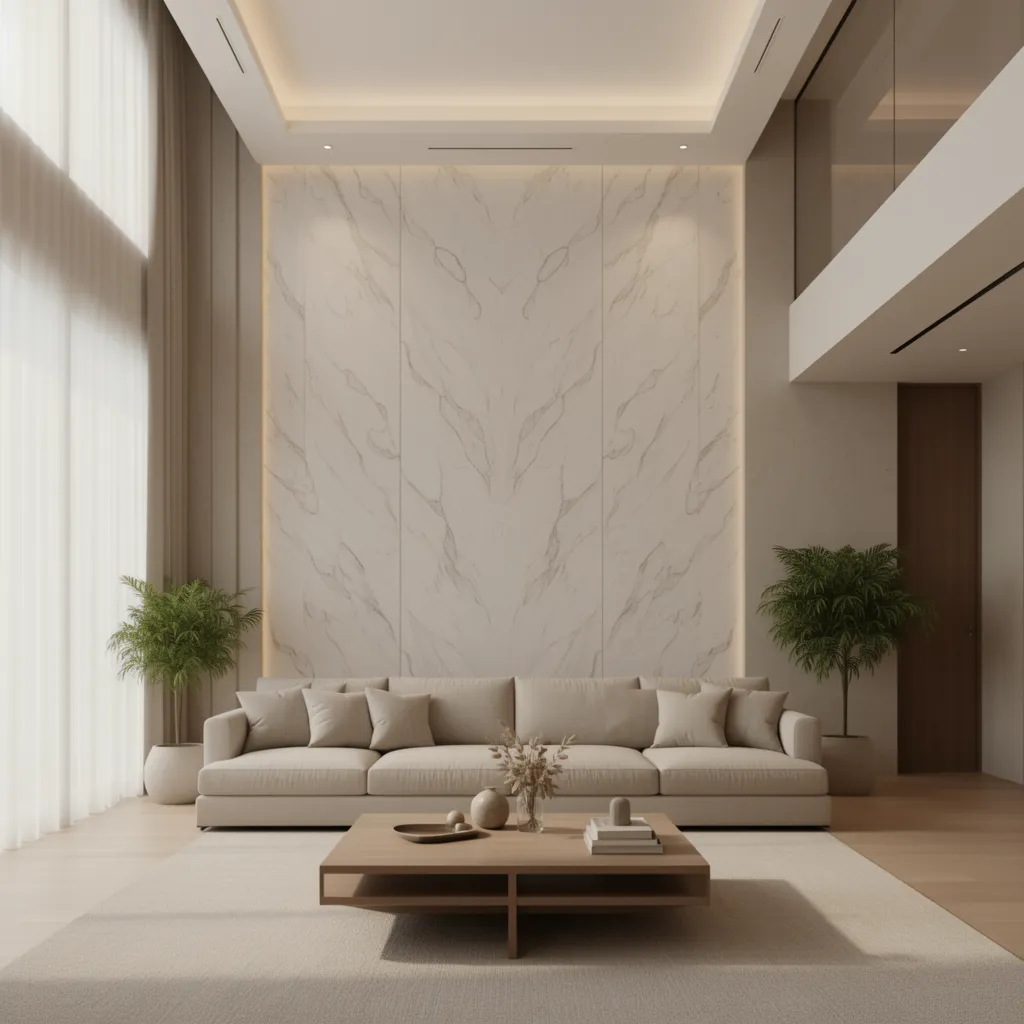 Interior ruang tamu rumah mewah elegan dengan sofa netral dan marmer