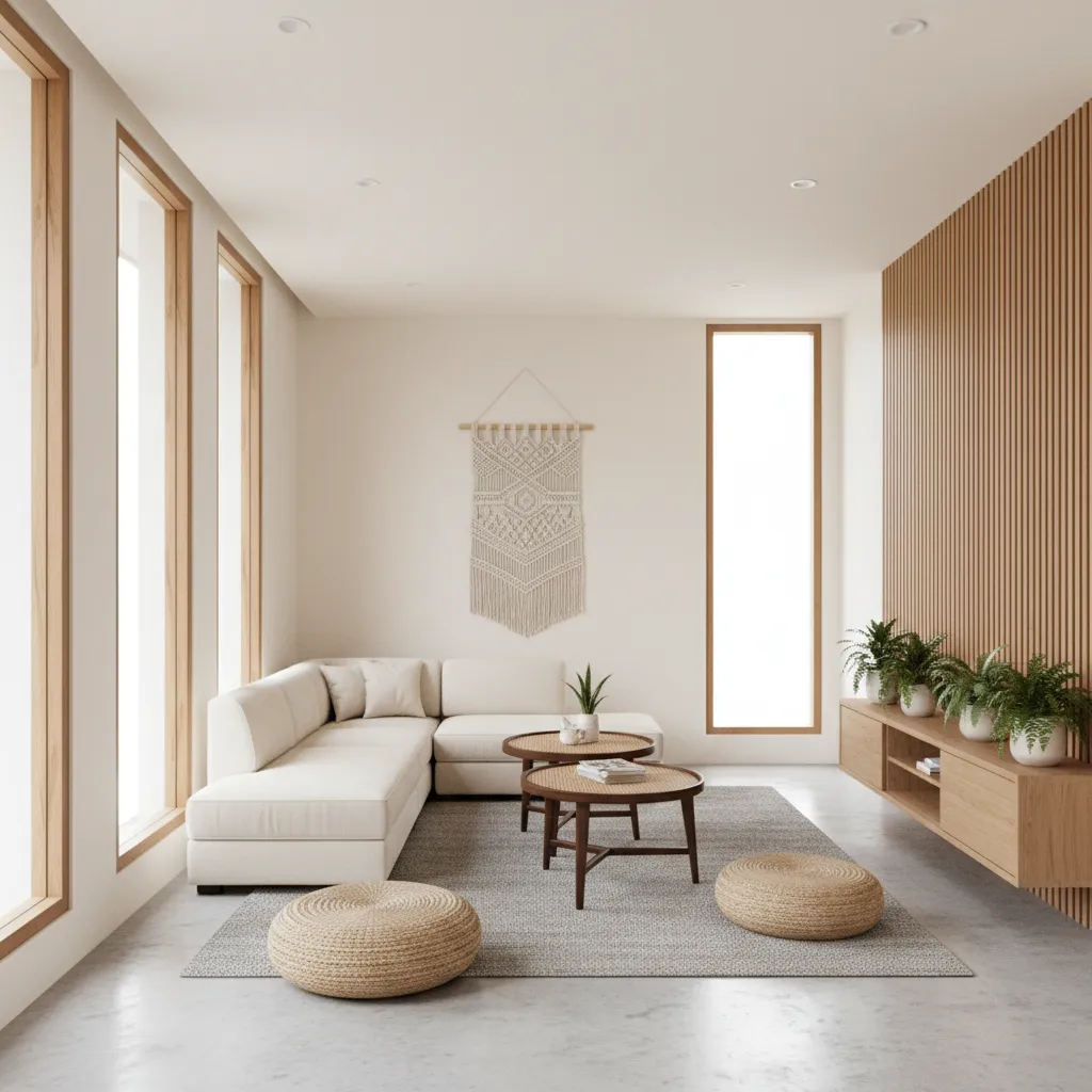 Modern living room with white sofa, wood coffee tables, floor footrests, and vertical wall panels
