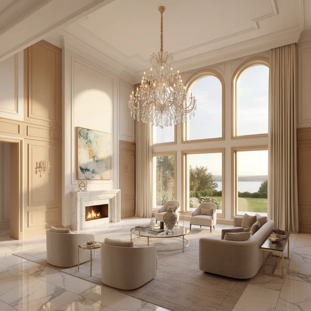 Ruang tamu rumah sultan dengan chandelier besar dan langit langit tinggi