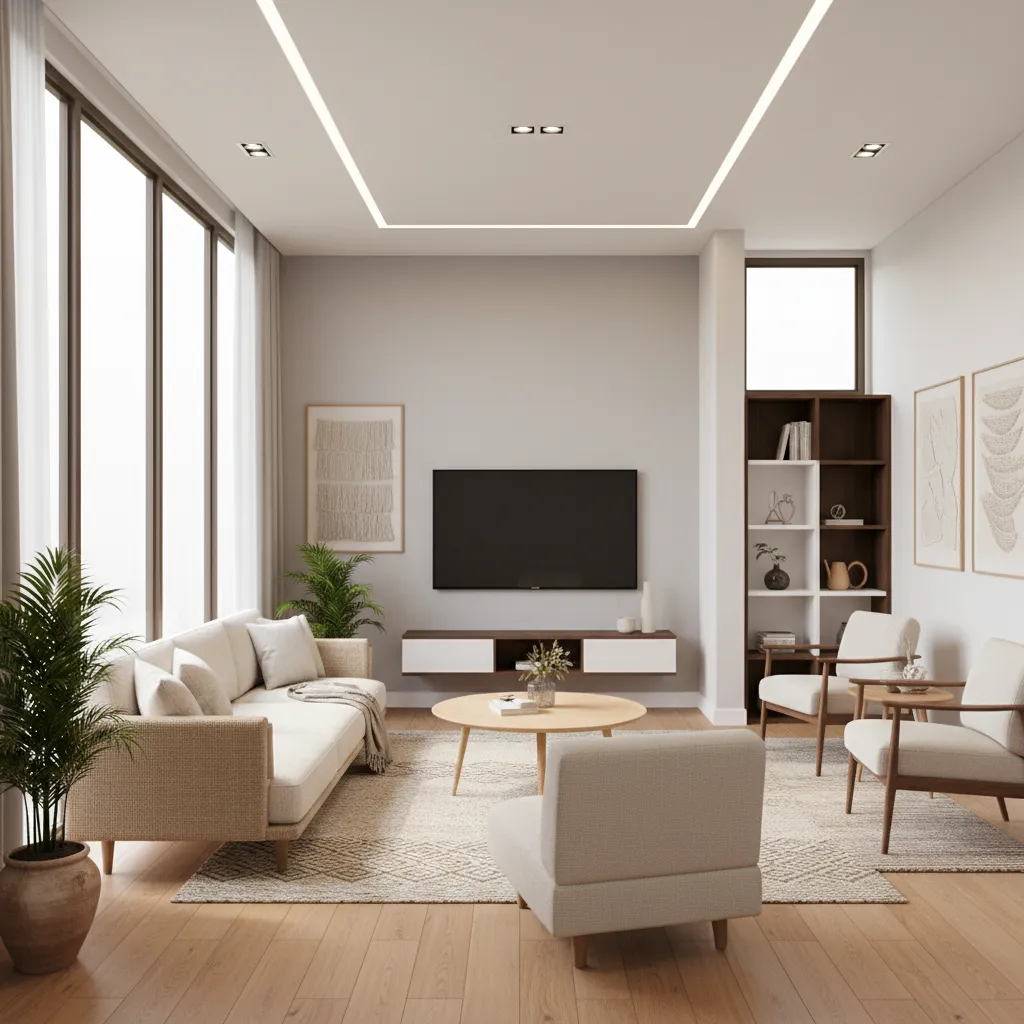 Modern living room with beige sofa, wooden floor, round coffee table, ceiling light, and plants