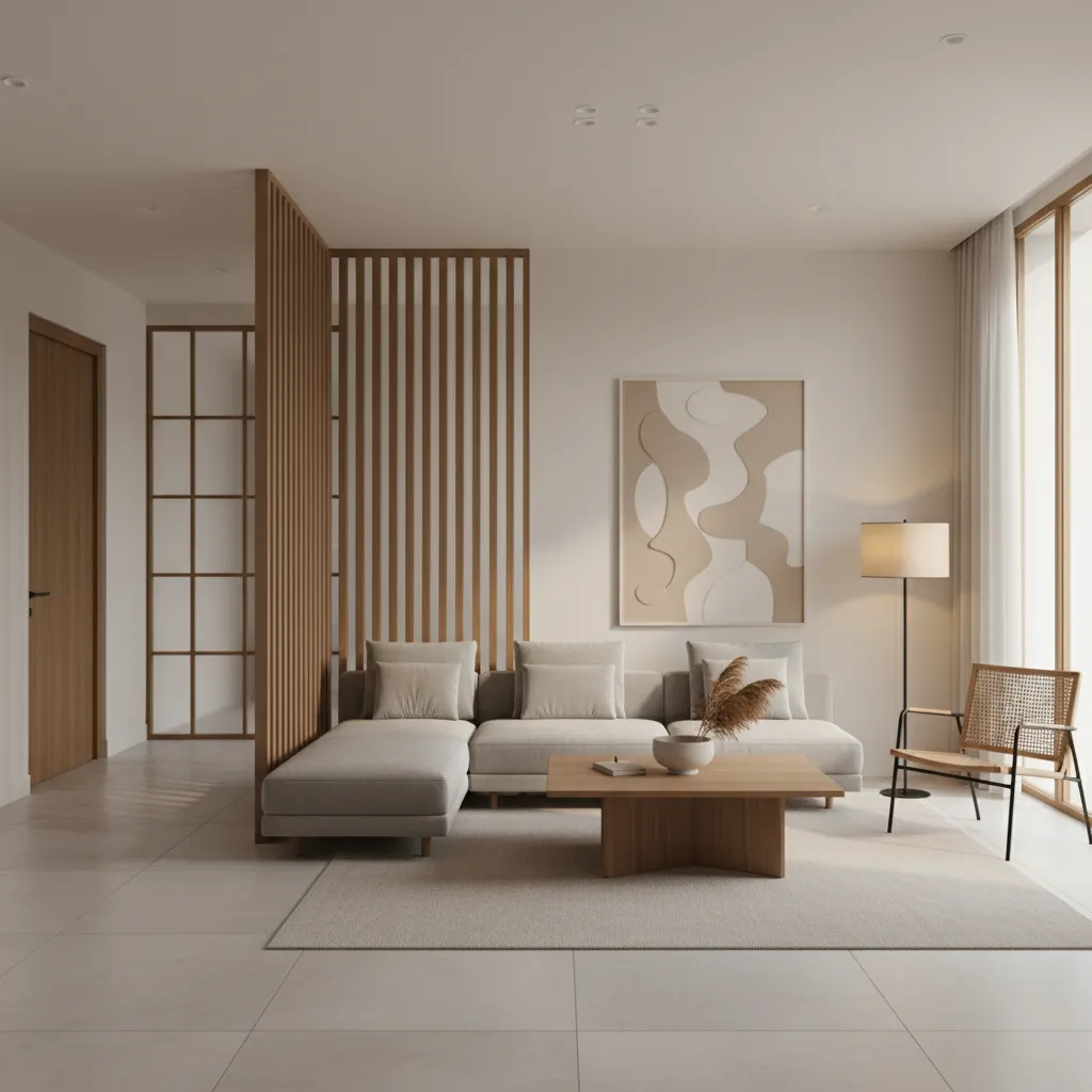 Minimalist living room with grey sofa wood wall panel coffee table floor lamp and windows