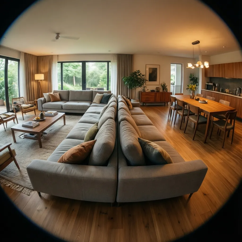 Large living room with two grey sofas wooden floor dining table and green garden view