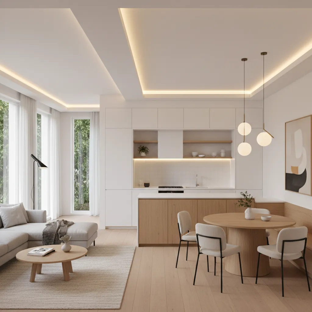 Modern open living room with grey sofa round dining table white kitchen and ceiling lights