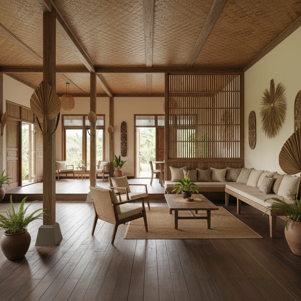 Interior rumah kampung dengan ruang tamu dan ruang keluarga tanpa sekat