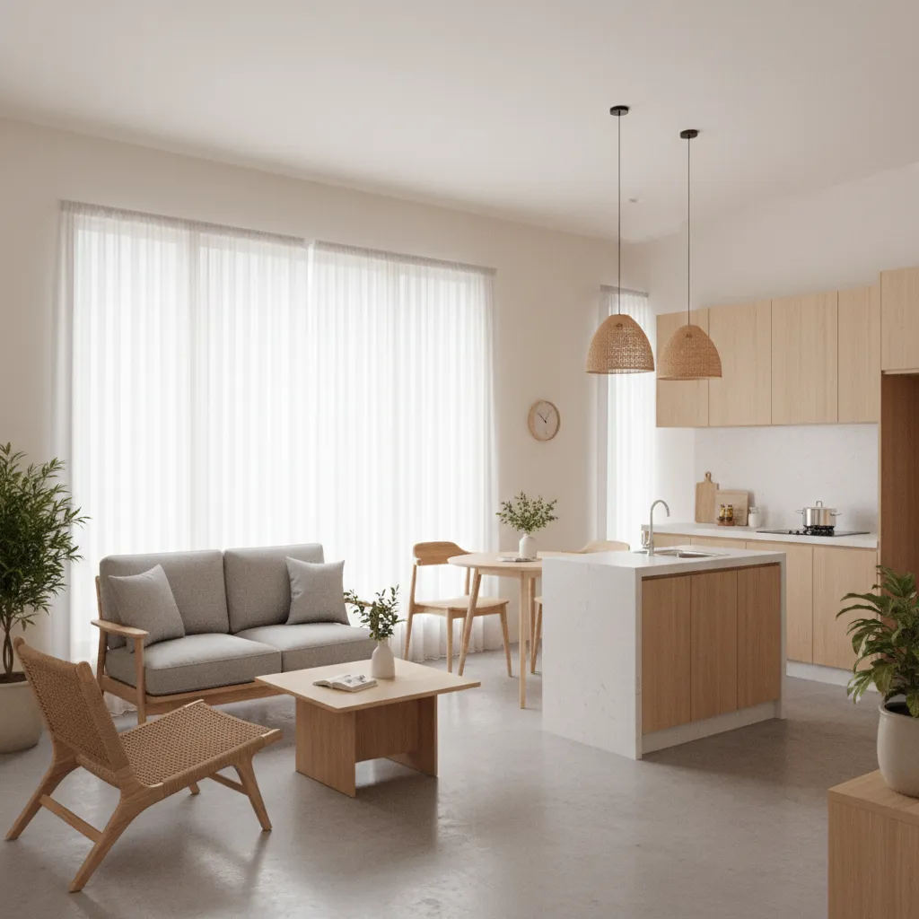Open plan living space including kitchen island wooden dining table grey sofa and woven chair