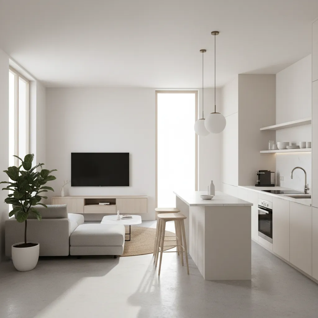 Modern open living room with white kitchen island wooden stools grey sofa round ceiling light
