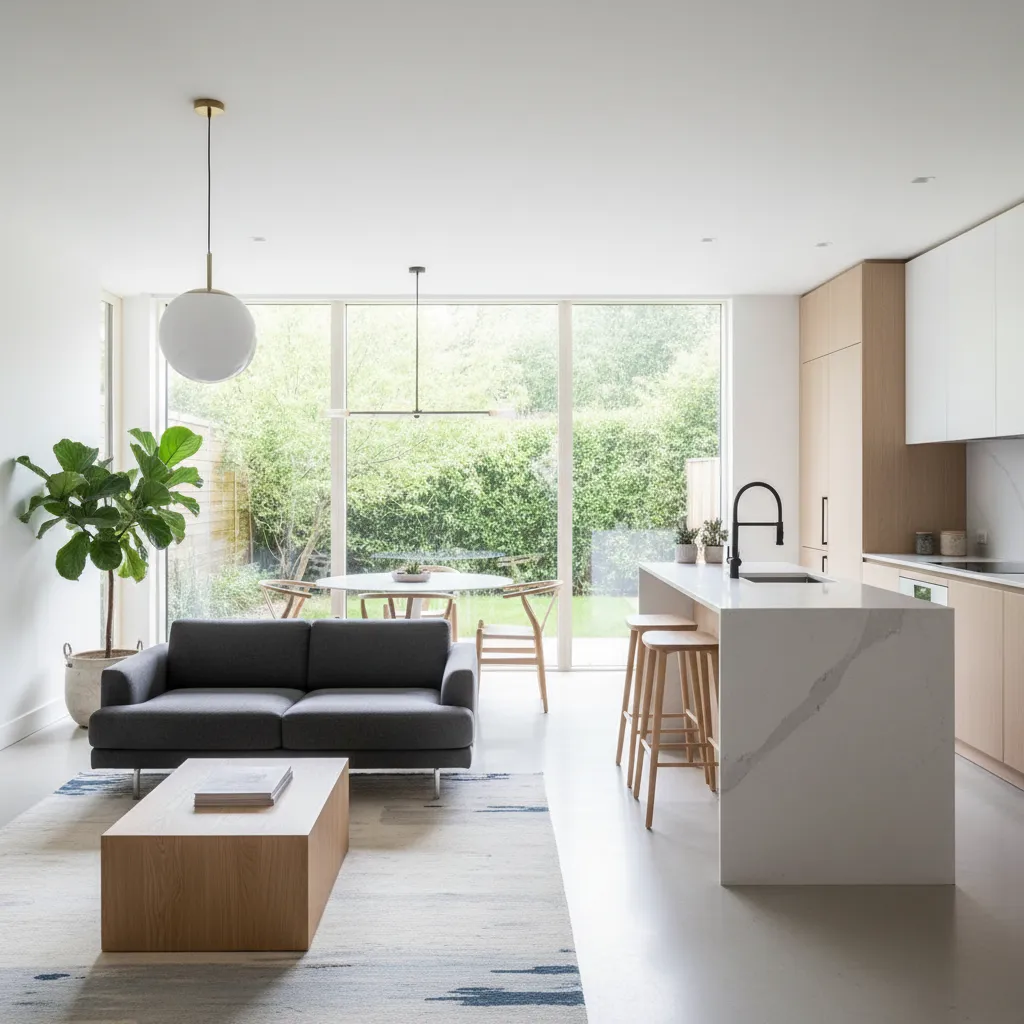 Ruang tamu dan dapur terbuka di rumah kecil