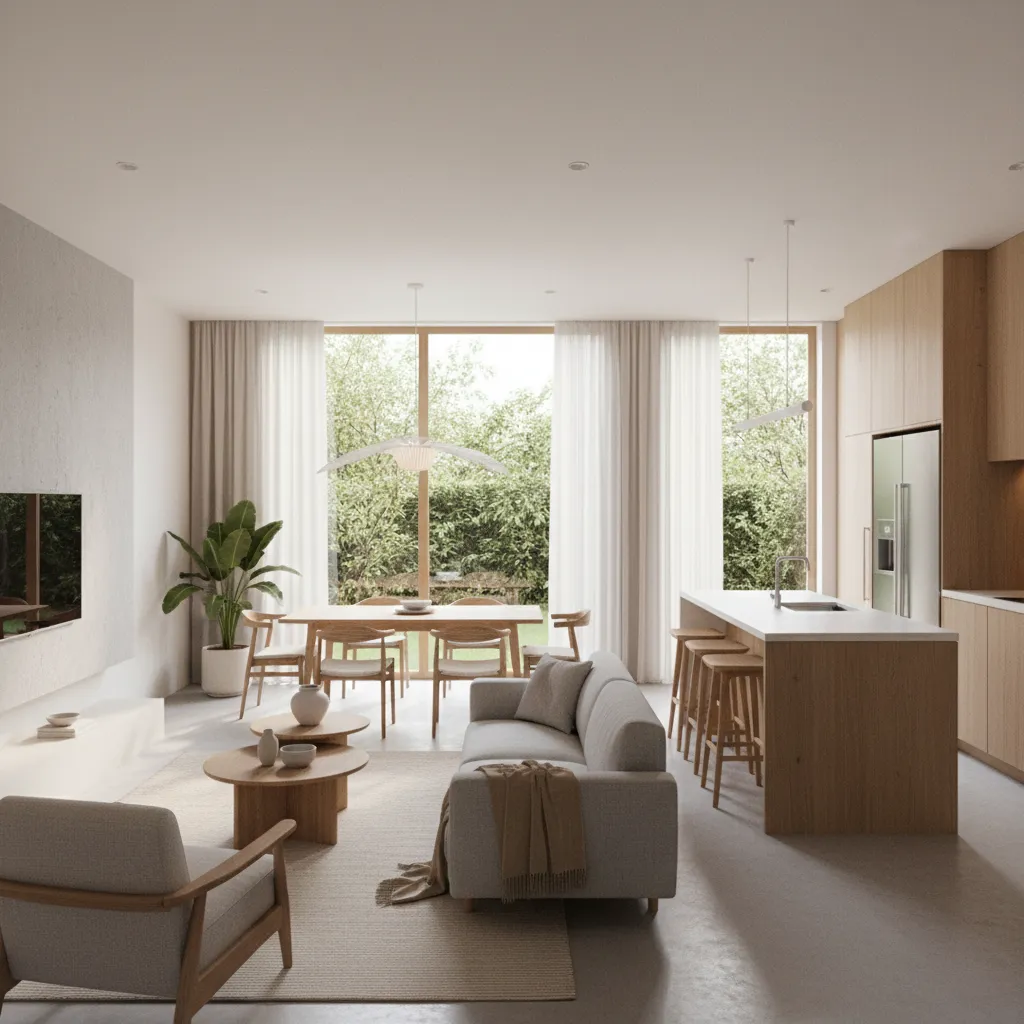 Modern interior design drawing of living room with sofa kitchen island and wooden dining table
