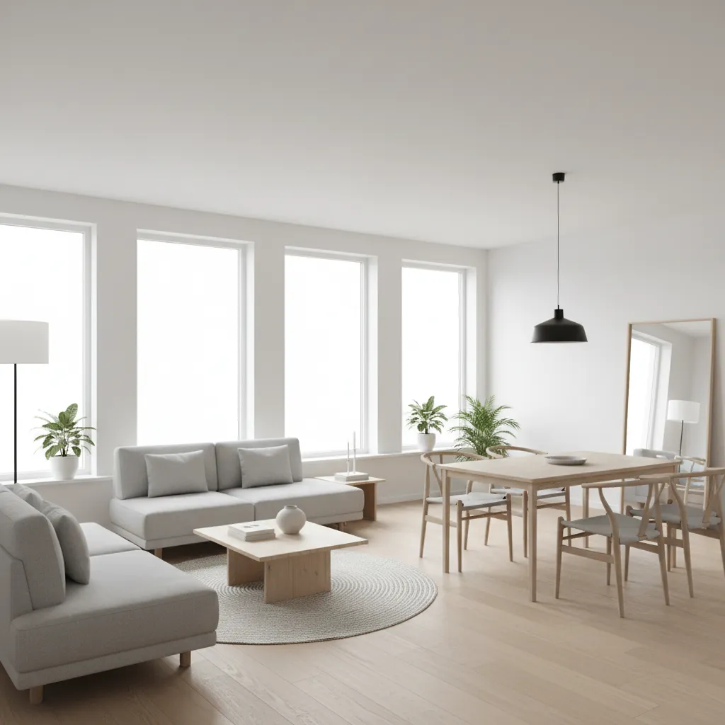 Minimalist living and dining room with gray sofa wooden table black ceiling light and windows