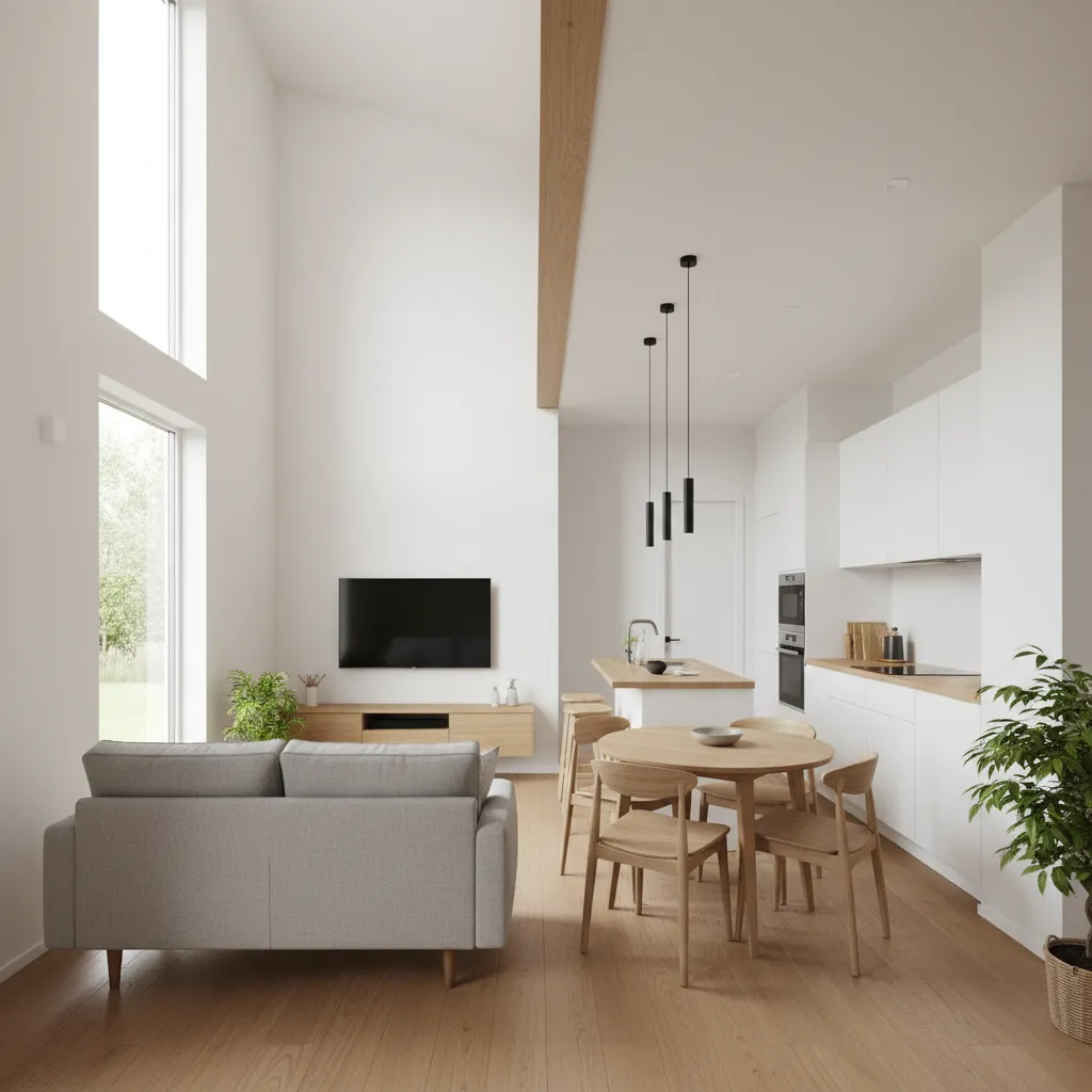 Minimalist living room with grey sofa wooden dining table white kitchen cabinets high white walls