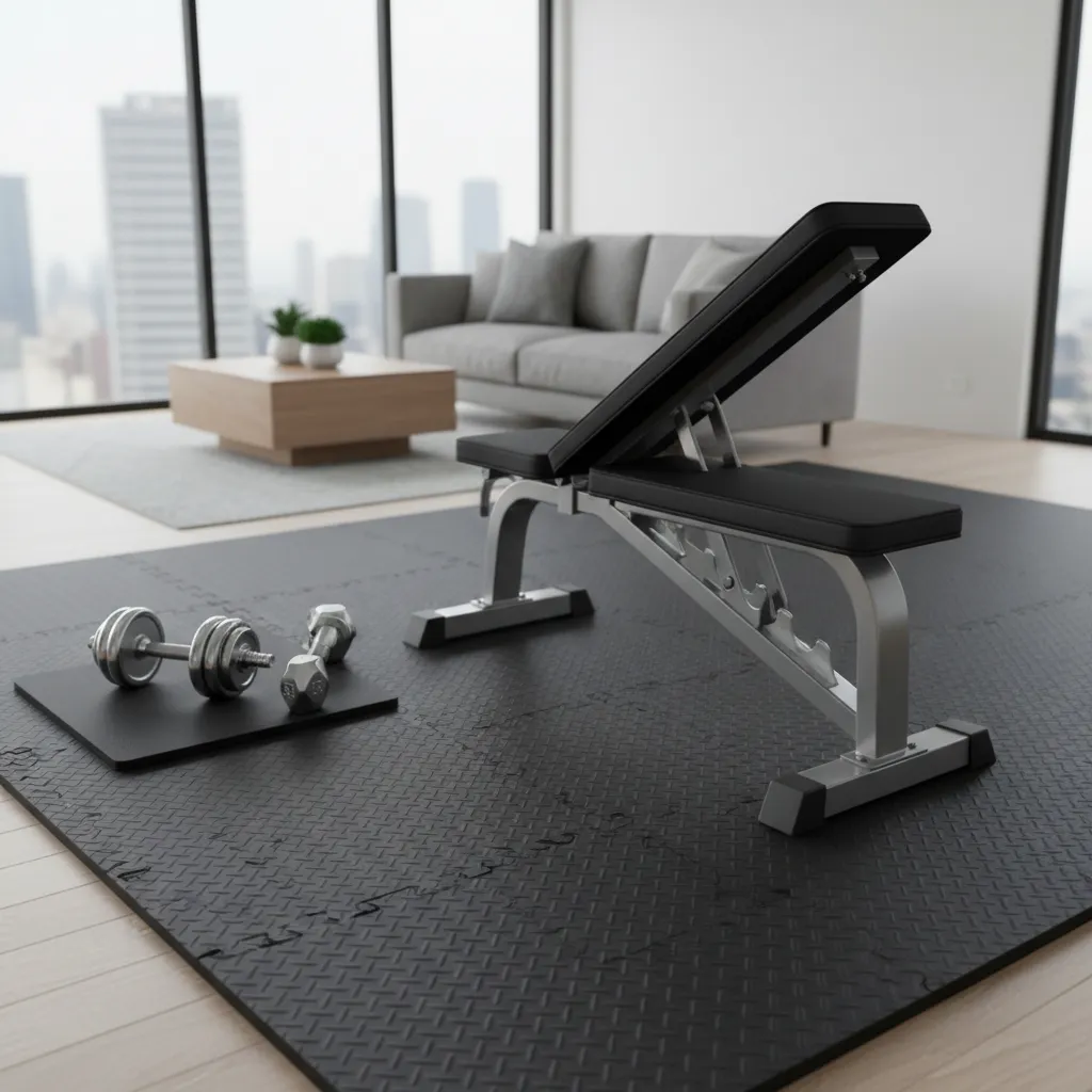 rubber flooring and vibration pads under gym equipment