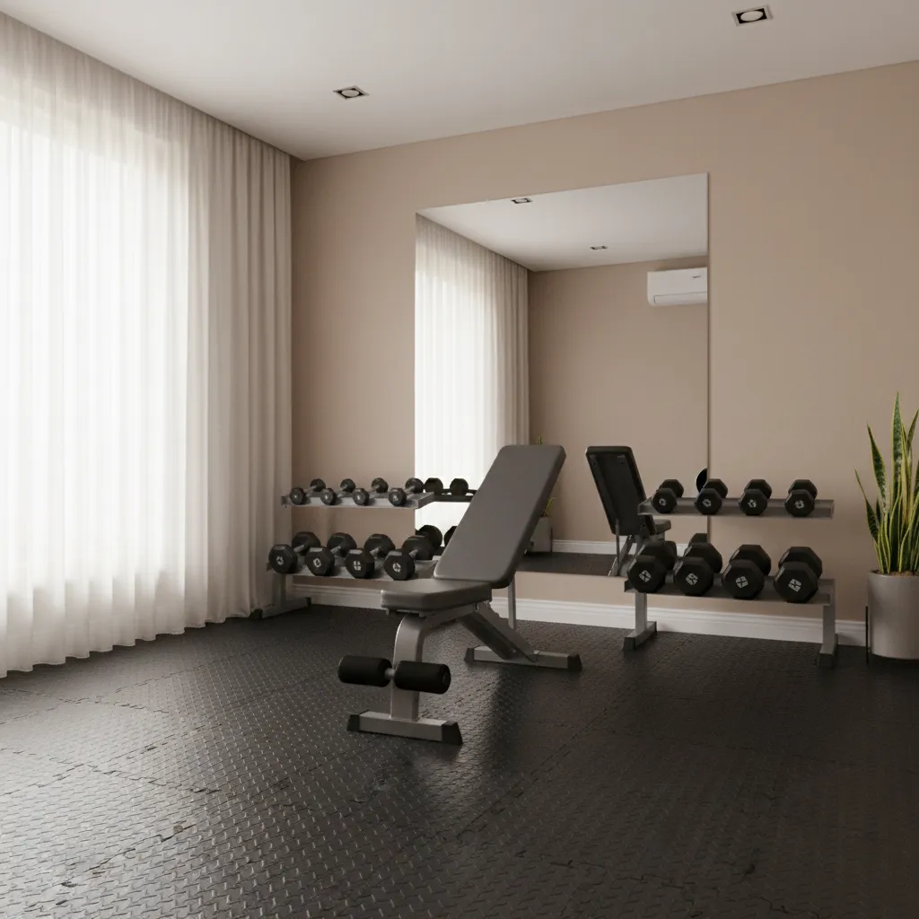Rubber flooring tiles installed in a small home gym with weights and bench