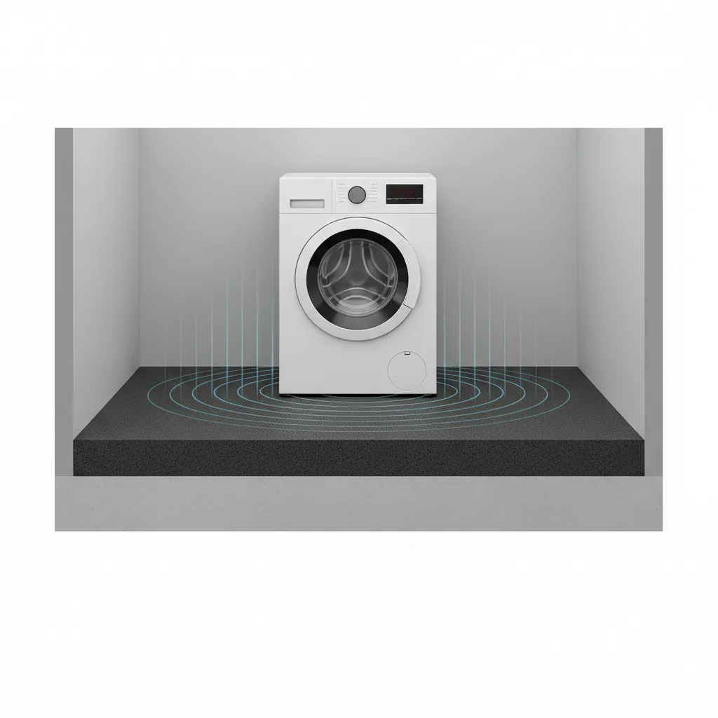 Diagram style illustration showing rubber flooring absorbing washer vibration