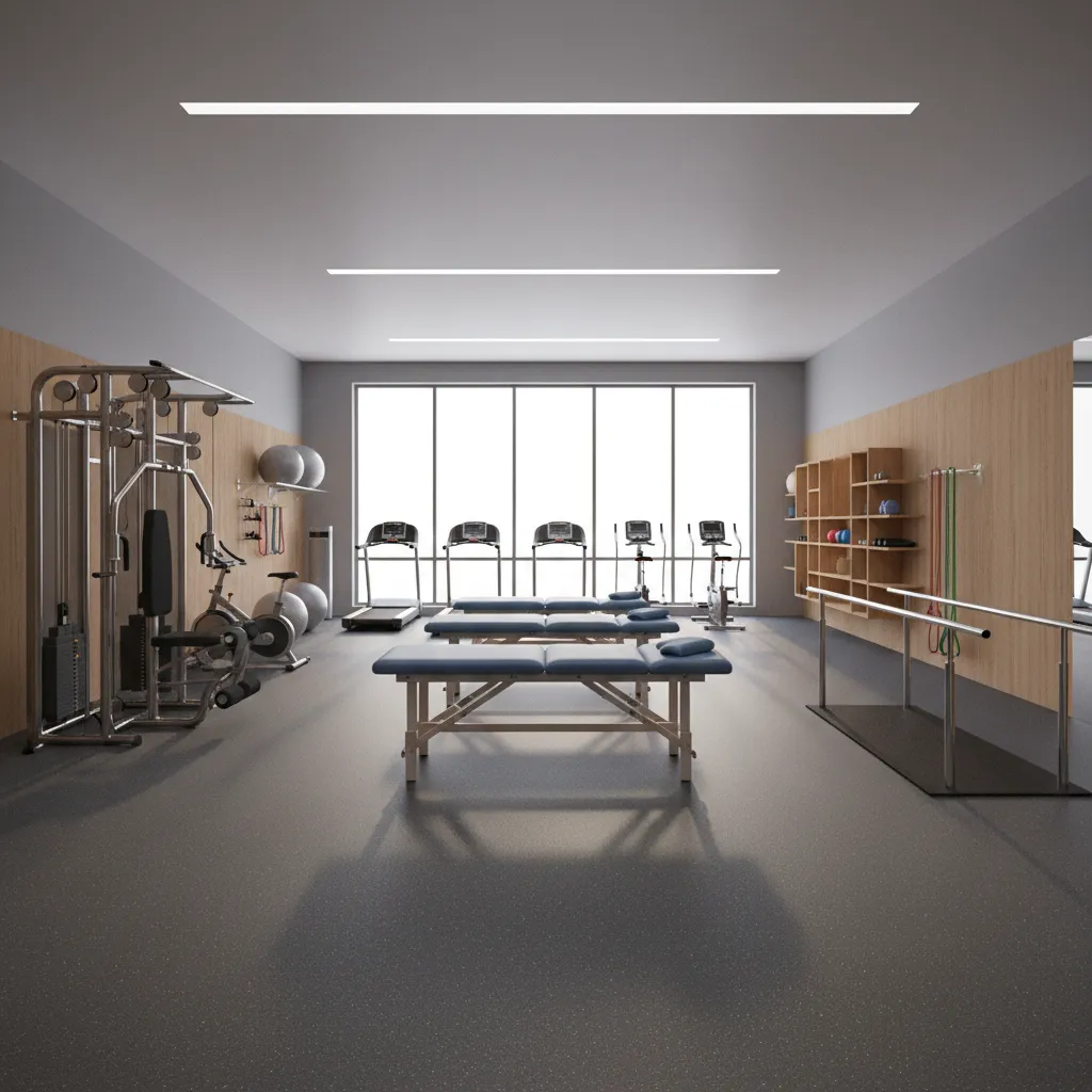 physical therapy clinic with rubber flooring and rehabilitation equipment