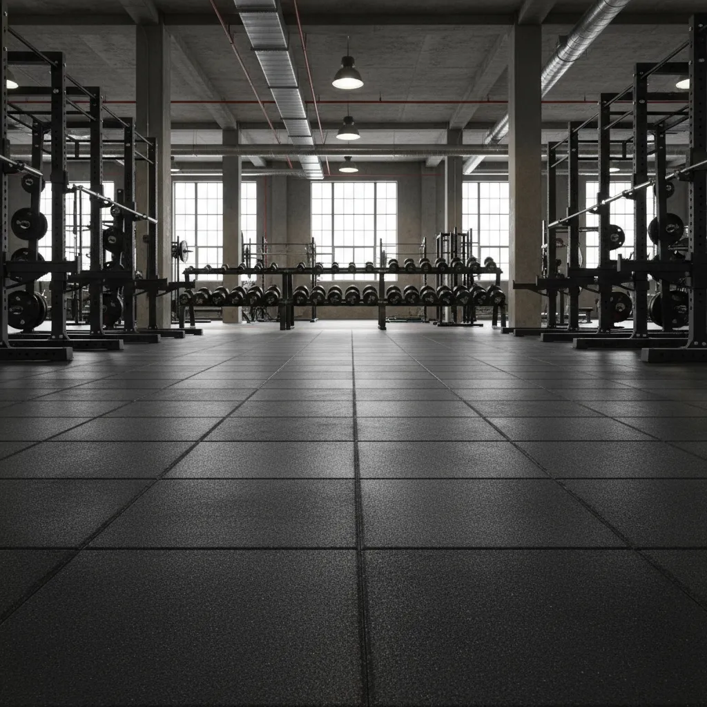 close up of rubber gym flooring tiles installed in weight training area
