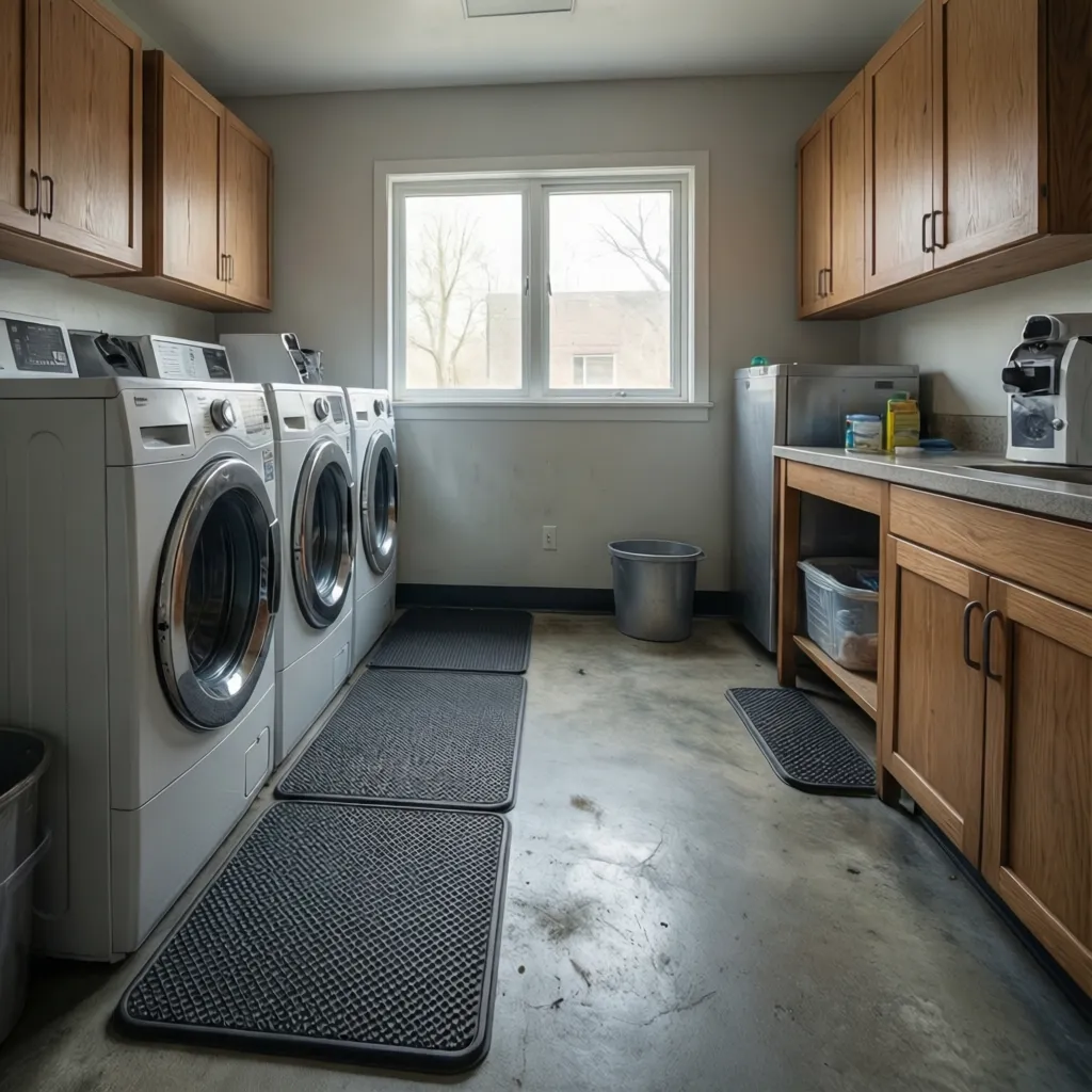 Rubber utility mats protecting painted concrete laundry room floor