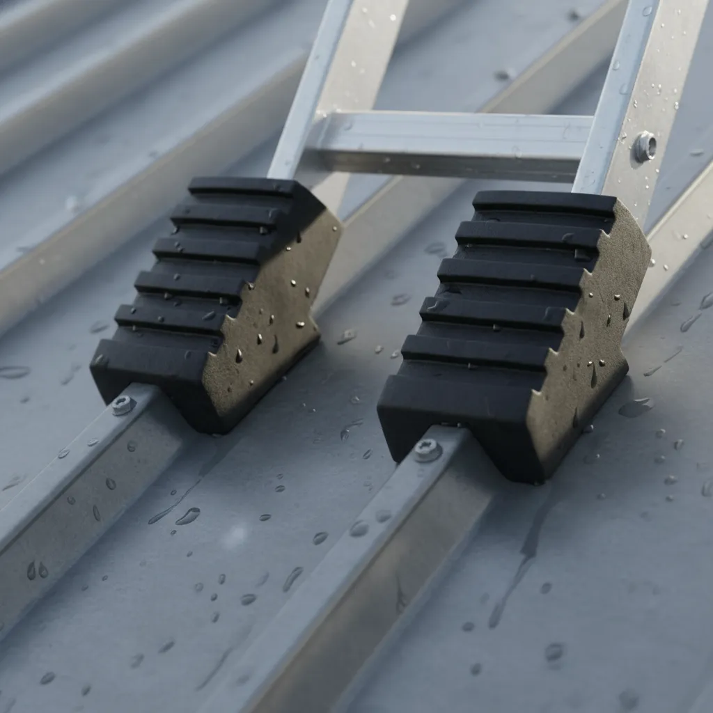 rubber protection pads on ladder hooks resting on metal roof ridge