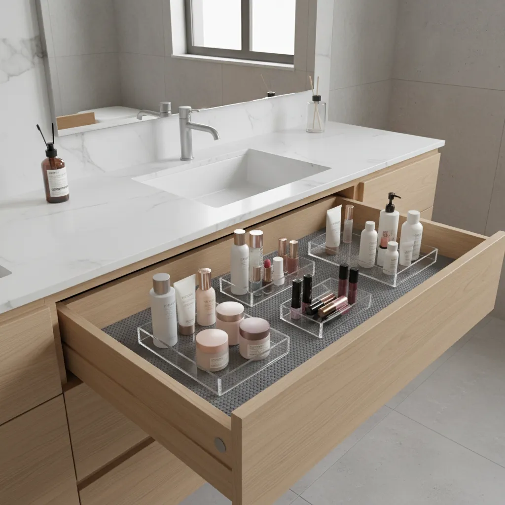 Rubber shelf liner protecting bathroom drawer storage