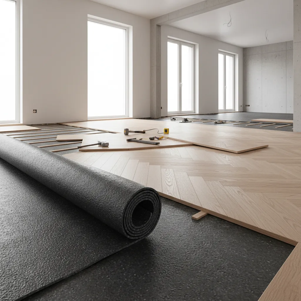 rubber flooring underlayment layer beneath hardwood floor installation