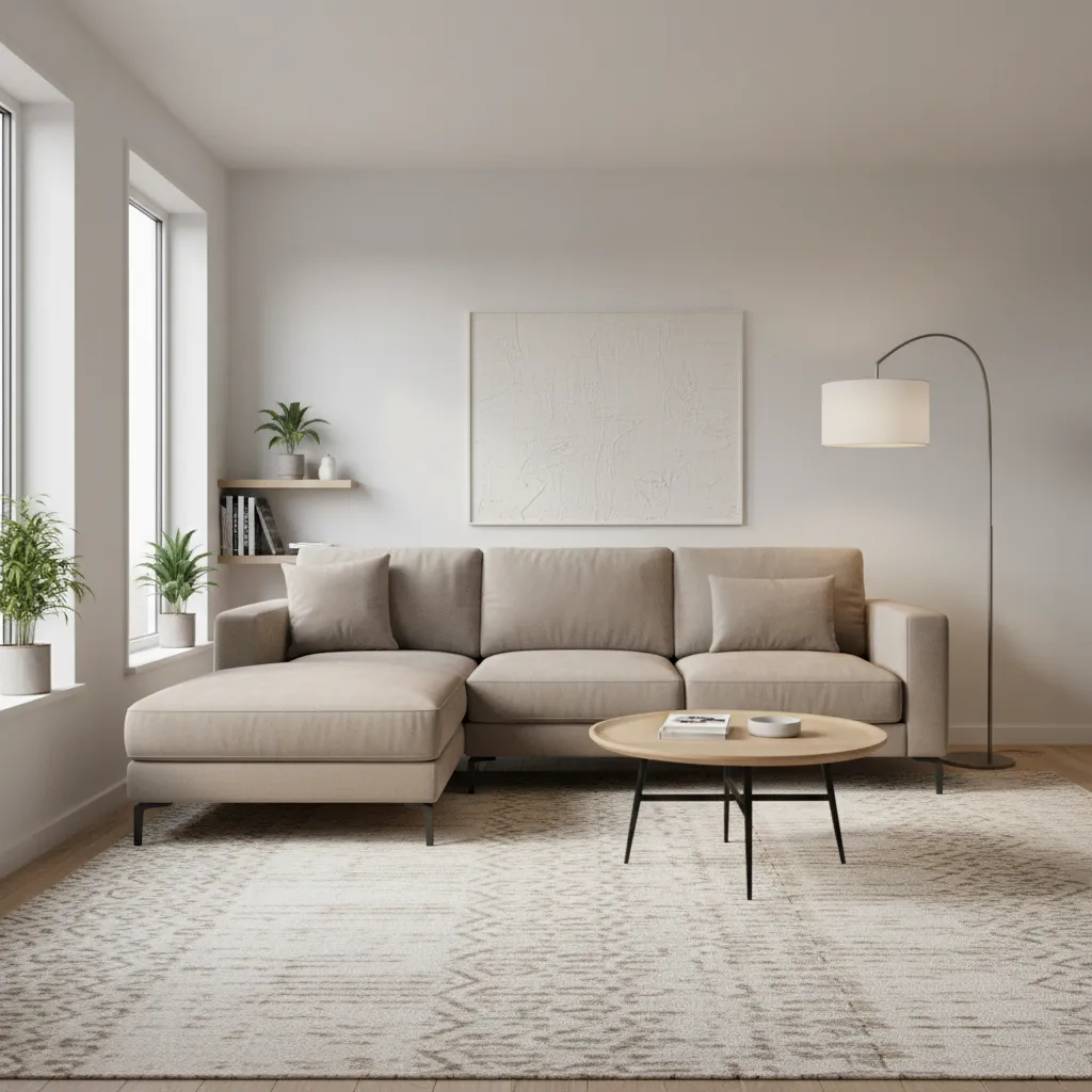 area rug anchoring angled sofa seating area in small living room